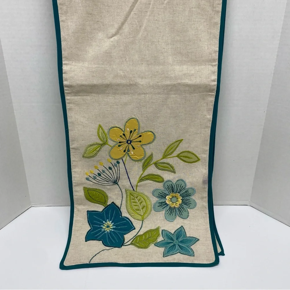 Artistic Accents Table Runner Beige w/Teal Yellow Green Floral Print  72